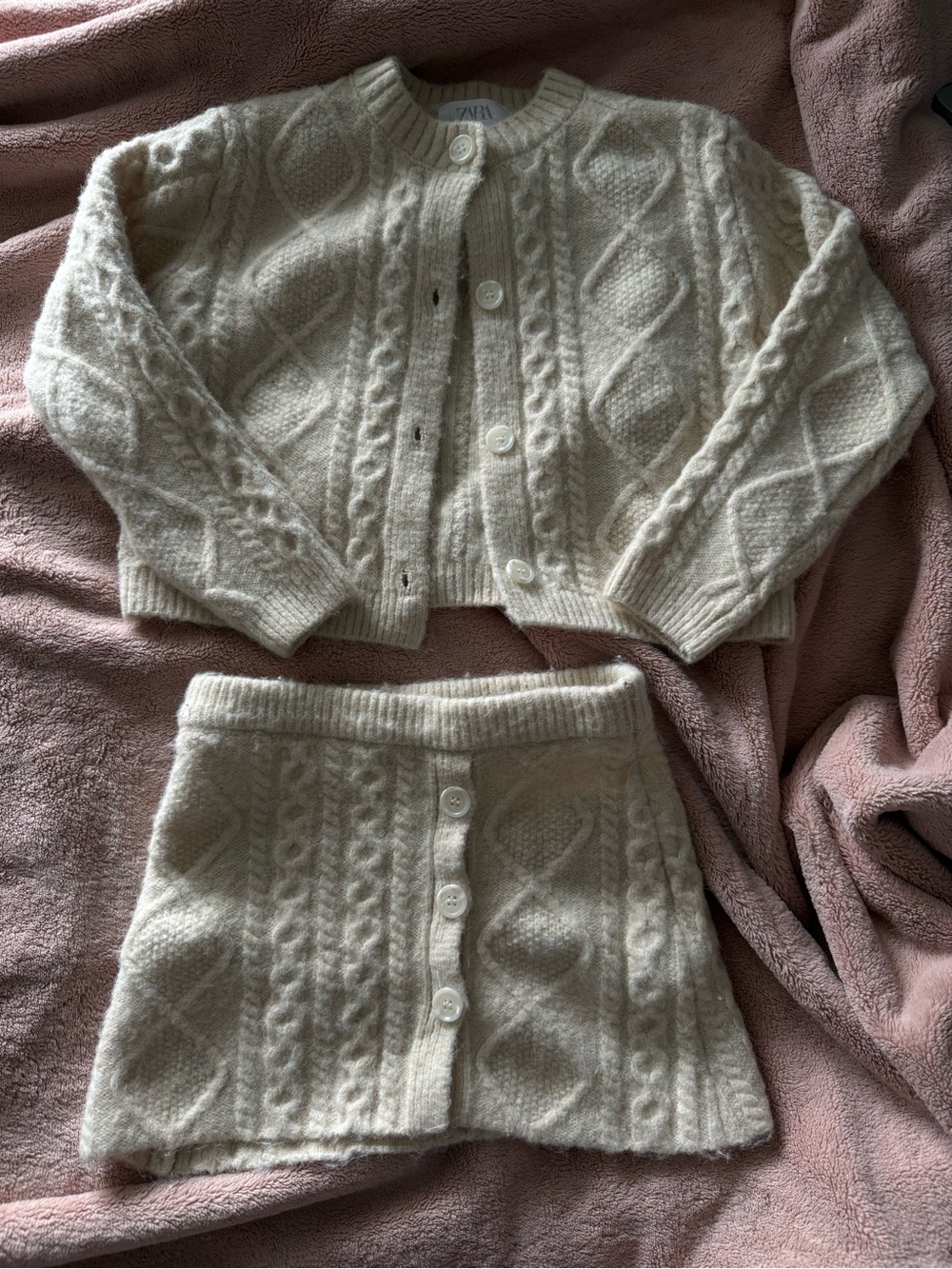 Zara Cream Cable Knit Cardigan & Skirt Set